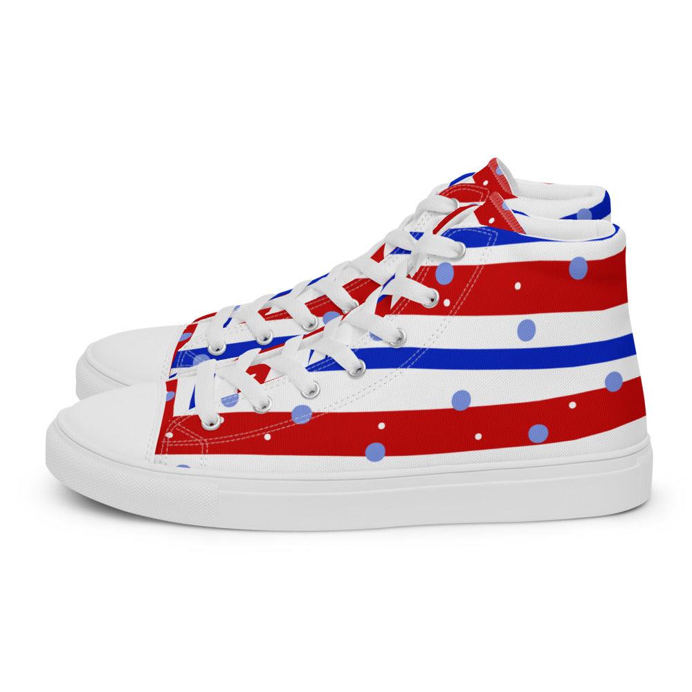 Red White Blue Stripes With Dots Men’s High Top Canvas Shoes - MessyBunFun - Your Destination for Stylish Unisex Clothing, Tops and bottoms - MessyBunFun.com