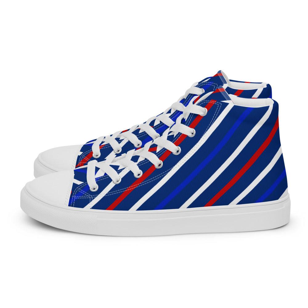 Slant on Red White and Blue Men’s High Top Canvas Shoes - MessyBunFun - Your Destination for Stylish Unisex Clothing, Tops and bottoms - MessyBunFun.com