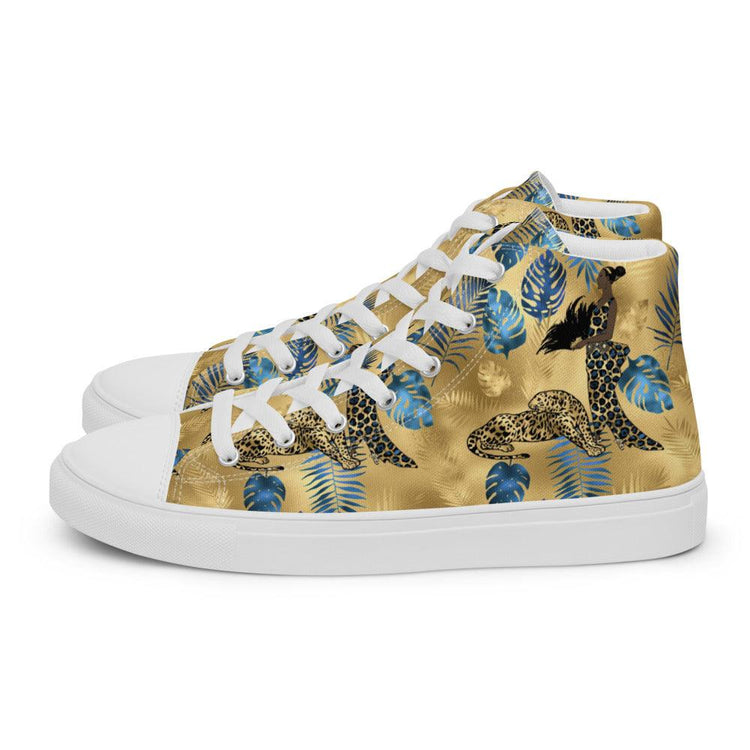 Tropical Gold and Blue Leaves Men’s High Top Canvas Shoes - MessyBunFun - Your Destination for Stylish Unisex Clothing, Tops and bottoms - MessyBunFun.com