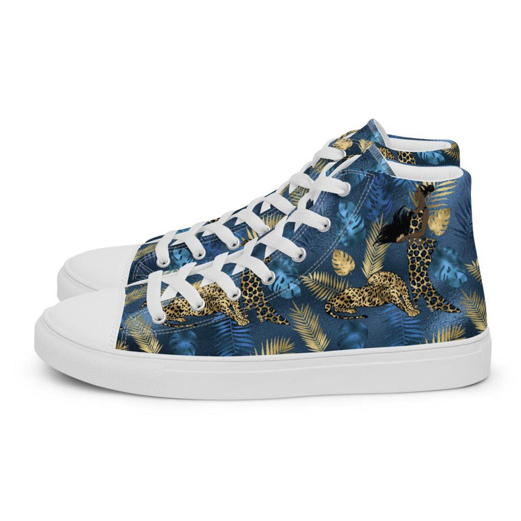 Tropical Blue and Gold Leaves Men’s High Top Canvas Shoes - MessyBunFun - Your Destination for Stylish Unisex Clothing, Tops and bottoms - MessyBunFun.com