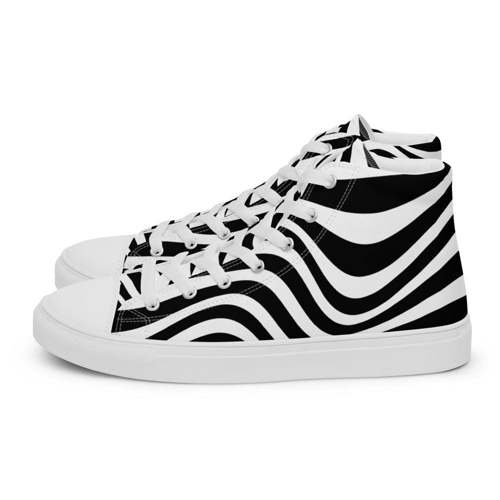 Black and White Wave Men’s High Top Canvas Shoes - MessyBunFun - Your Destination for Stylish Unisex Clothing, Tops and bottoms - MessyBunFun.com