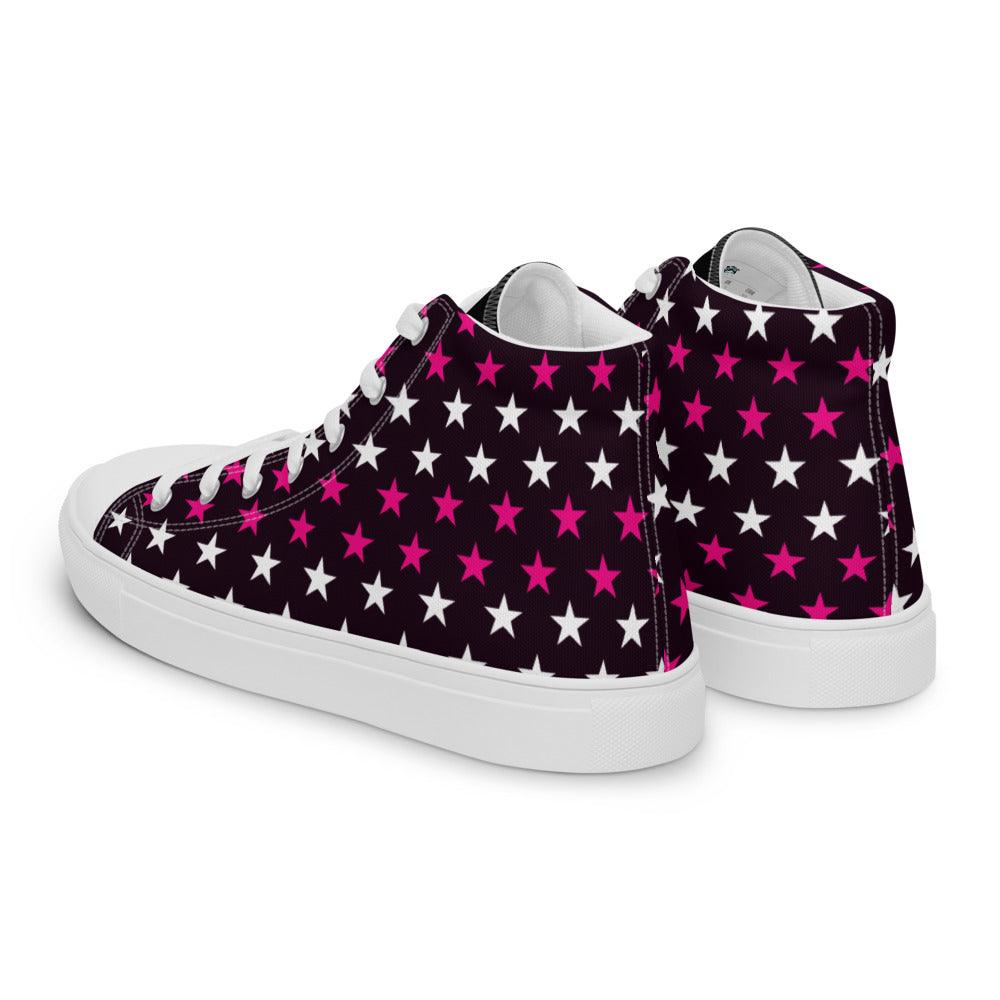 Pink and White Stars Men’s High Top Canvas Shoes - MessyBunFun - Your Destination for Stylish Unisex Clothing, Tops and bottoms - MessyBunFun.com