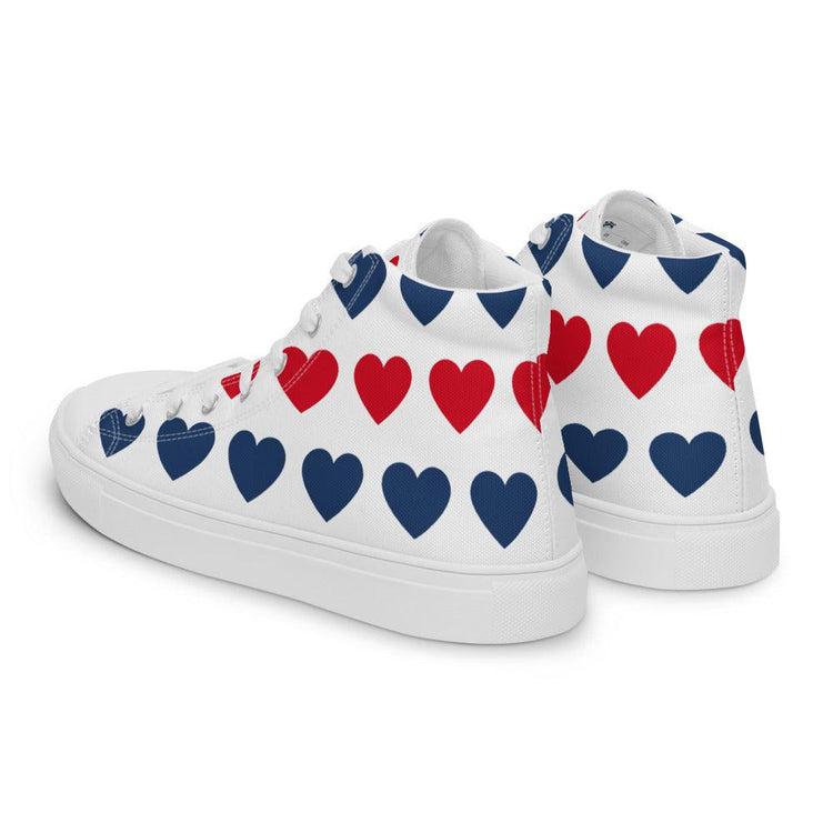 Blue and Red Hearts Men’s High Top Canvas Shoes - MessyBunFun - Your Destination for Stylish Unisex Clothing, Tops and bottoms - MessyBunFun.com