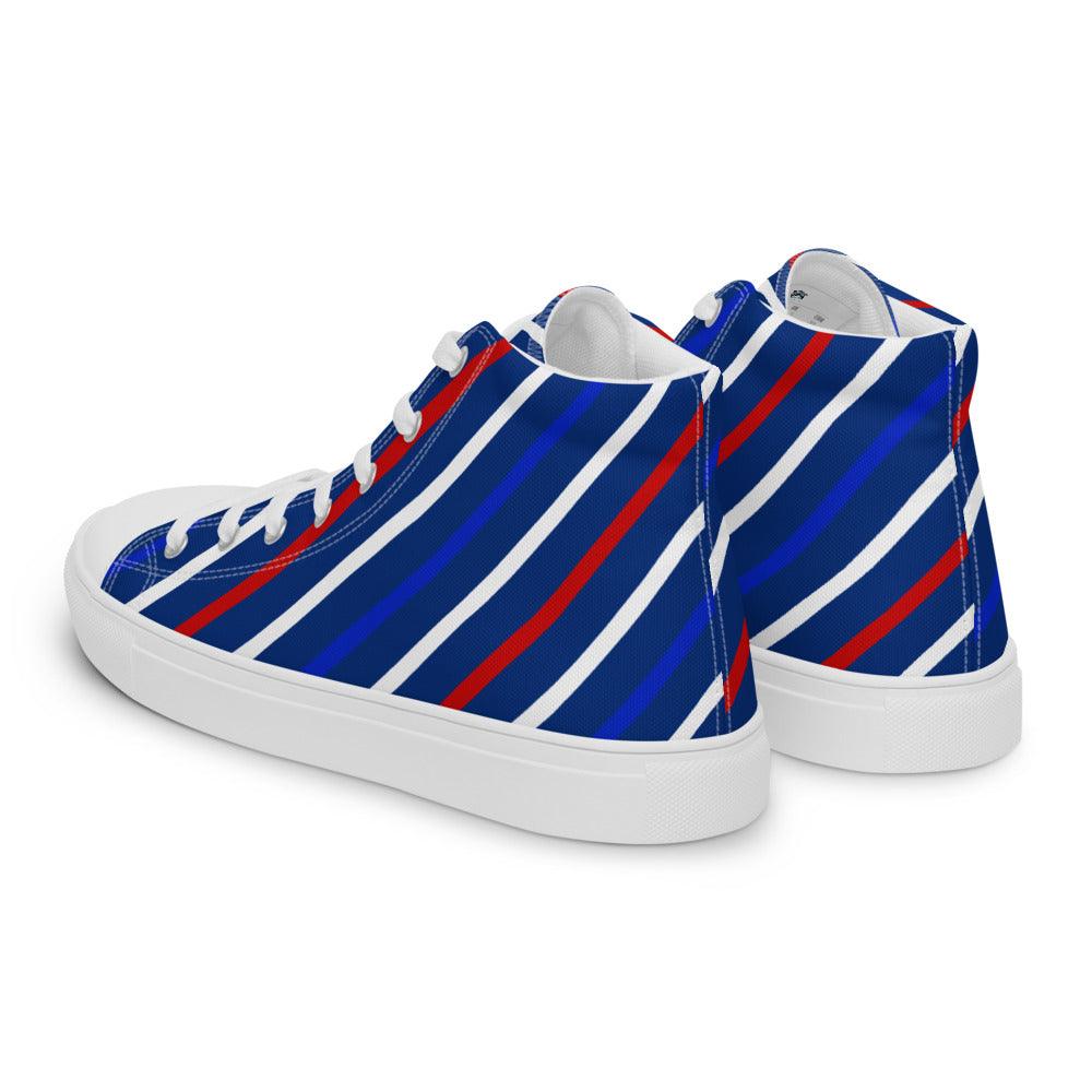 Slant on Red White and Blue Men’s High Top Canvas Shoes - MessyBunFun - Your Destination for Stylish Unisex Clothing, Tops and bottoms - MessyBunFun.com