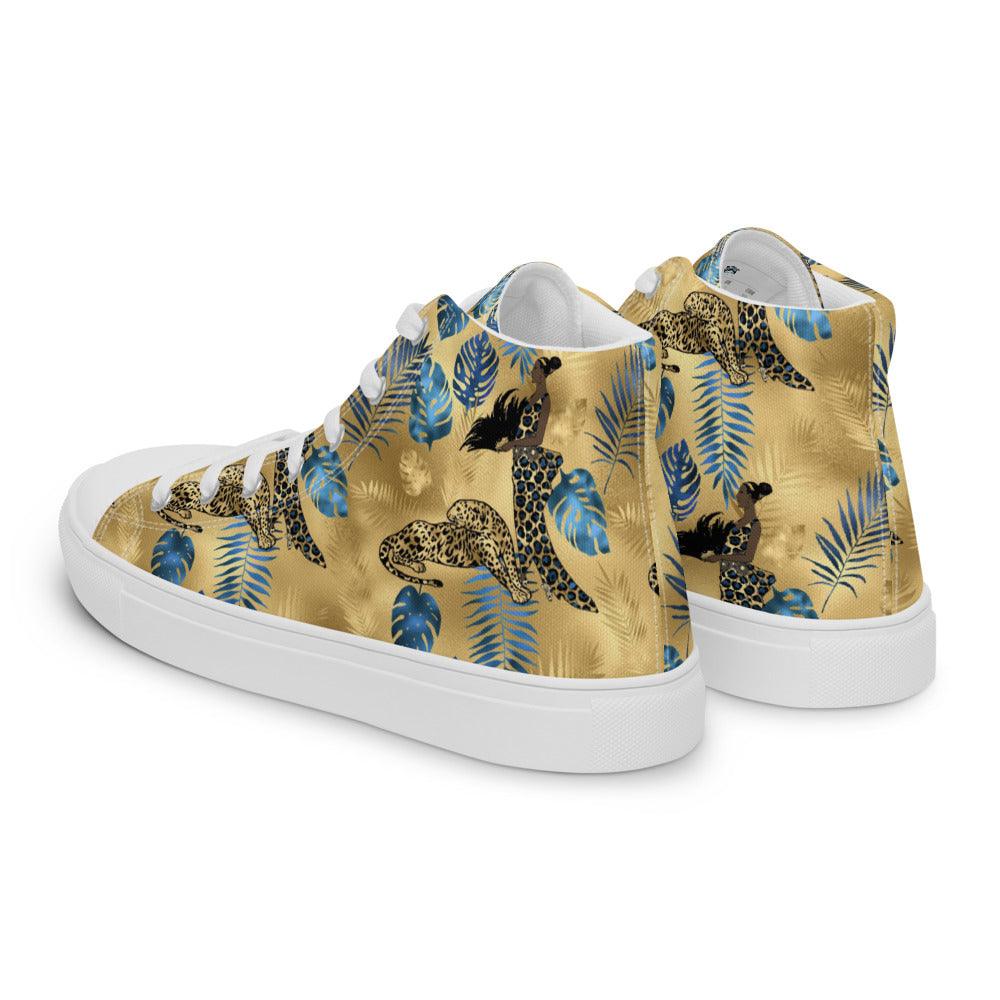 Tropical Gold and Blue Leaves Men’s High Top Canvas Shoes - MessyBunFun - Your Destination for Stylish Unisex Clothing, Tops and bottoms - MessyBunFun.com