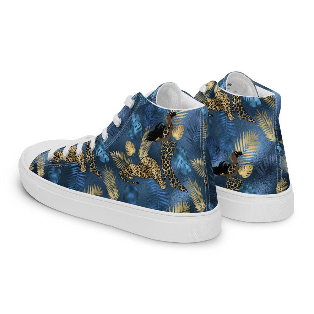 Tropical Blue and Gold Leaves Men’s High Top Canvas Shoes - MessyBunFun - Your Destination for Stylish Unisex Clothing, Tops and bottoms - MessyBunFun.com