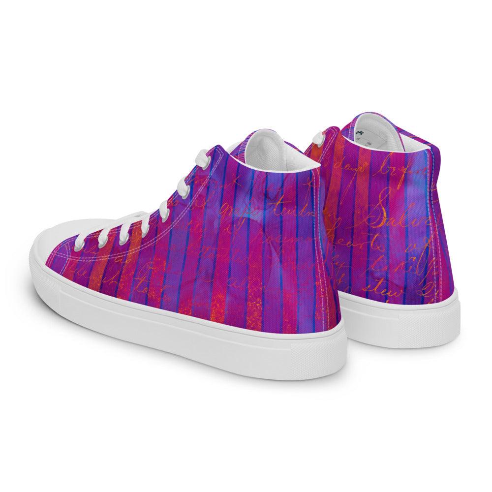 Neon Pink and Blue Men’s High Top Canvas Shoes - MessyBunFun - Your Destination for Stylish Unisex Clothing, Tops and bottoms - MessyBunFun.com