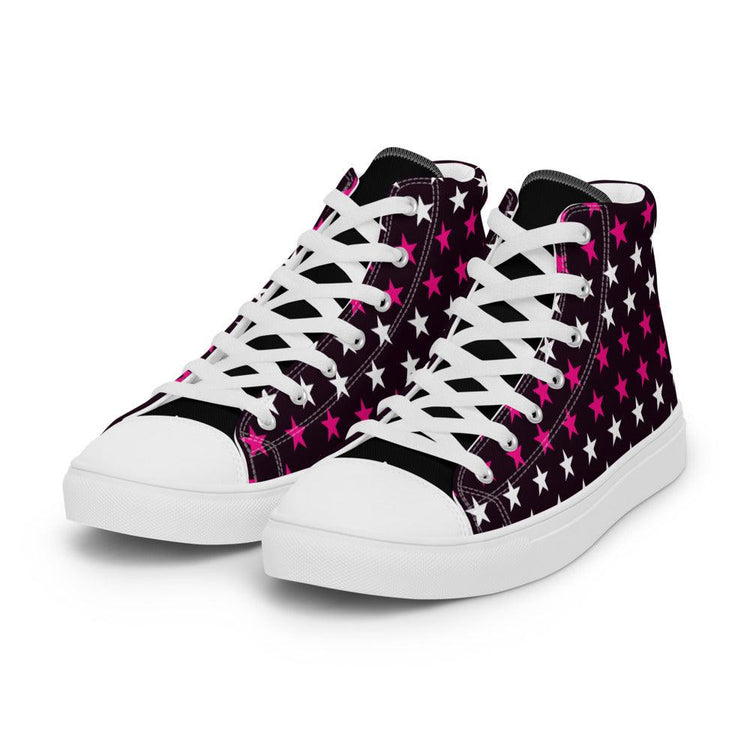 Pink and White Stars Men’s High Top Canvas Shoes - MessyBunFun - Your Destination for Stylish Unisex Clothing, Tops and bottoms - MessyBunFun.com