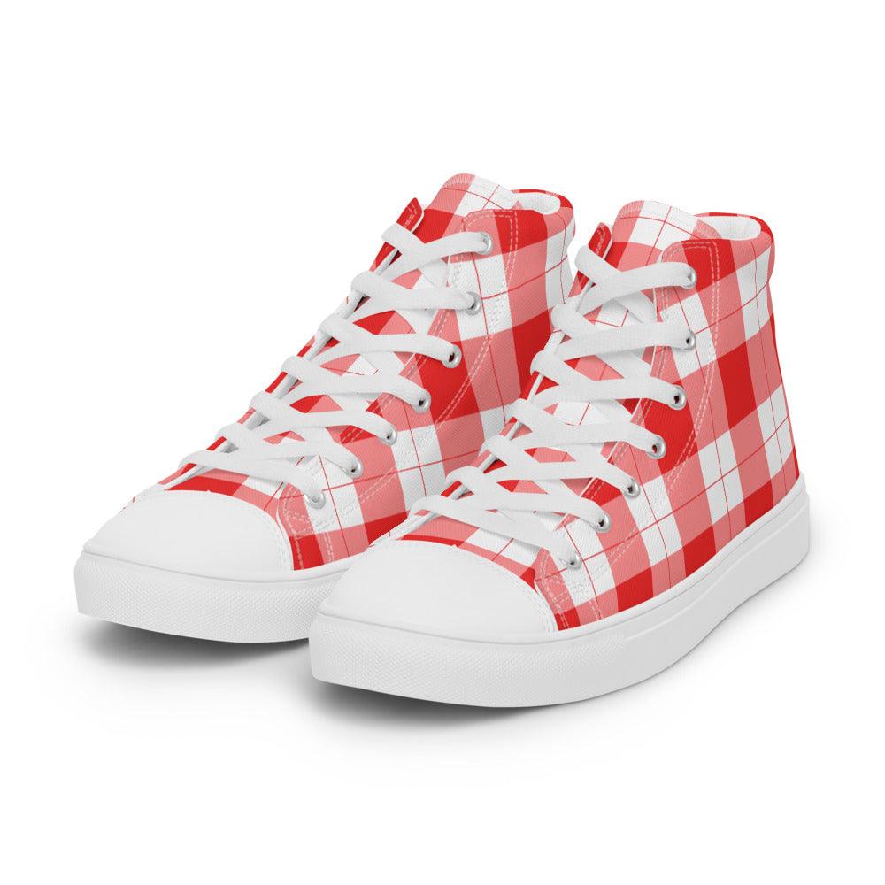 Red Check Gingham Men’s High Top Canvas Shoes - MessyBunFun - Your Destination for Stylish Unisex Clothing, Tops and bottoms - MessyBunFun.com