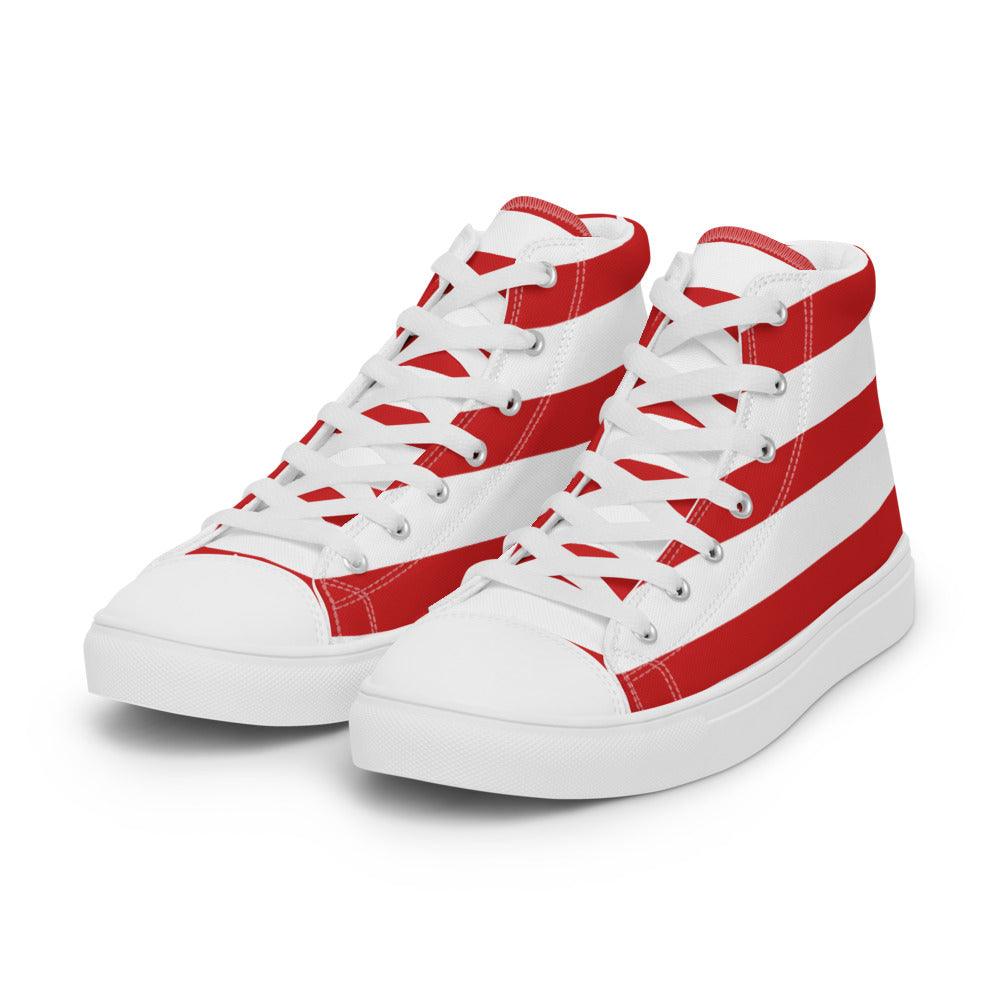 Red and White Stripes Men’s High Top Canvas Shoes - MessyBunFun - Your Destination for Stylish Unisex Clothing, Tops and bottoms - MessyBunFun.com