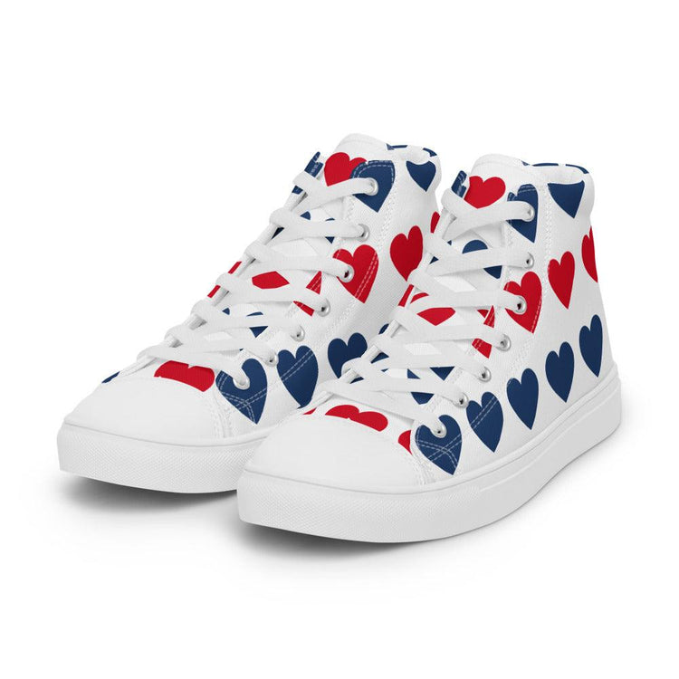 Blue and Red Hearts Men’s High Top Canvas Shoes - MessyBunFun - Your Destination for Stylish Unisex Clothing, Tops and bottoms - MessyBunFun.com