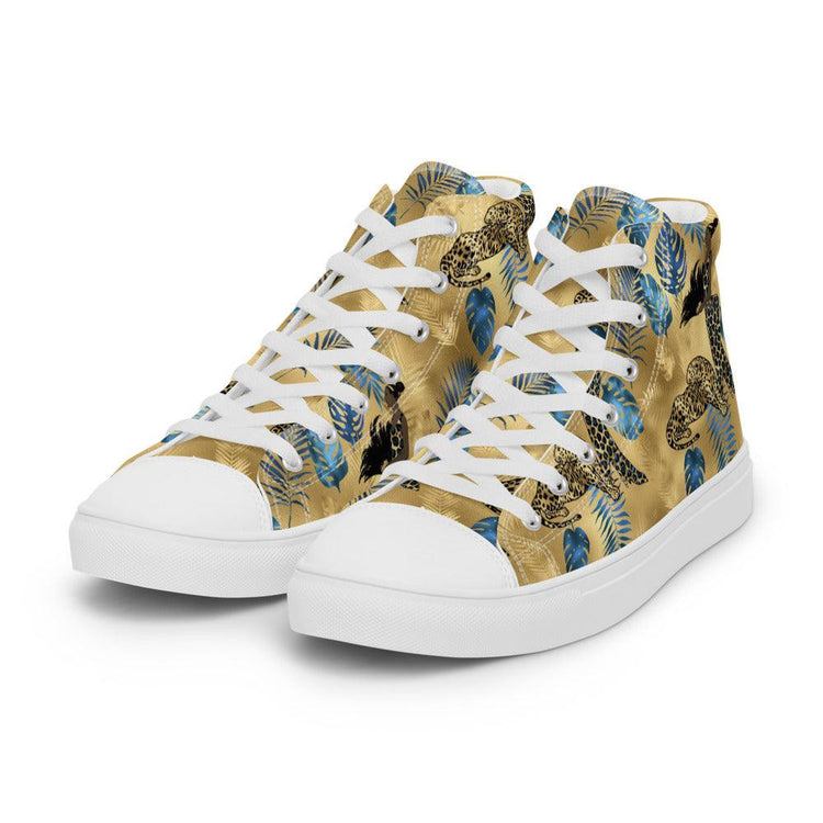 Tropical Gold and Blue Leaves Men’s High Top Canvas Shoes - MessyBunFun - Your Destination for Stylish Unisex Clothing, Tops and bottoms - MessyBunFun.com