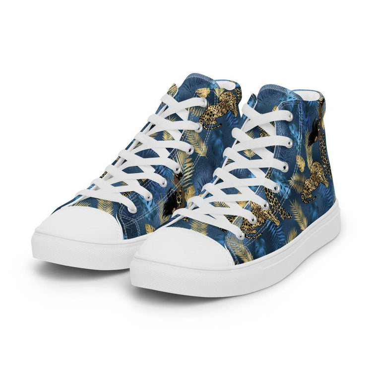 Tropical Blue and Gold Leaves Men’s High Top Canvas Shoes - MessyBunFun - Your Destination for Stylish Unisex Clothing, Tops and bottoms - MessyBunFun.com