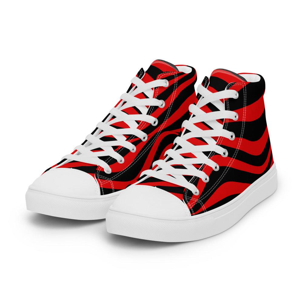 Red and Black Stripes Men’s High Top Canvas Shoes - MessyBunFun - Your Destination for Stylish Unisex Clothing, Tops and bottoms - MessyBunFun.com