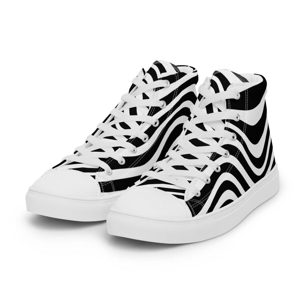 Black and White Wave Men’s High Top Canvas Shoes - MessyBunFun - Your Destination for Stylish Unisex Clothing, Tops and bottoms - MessyBunFun.com