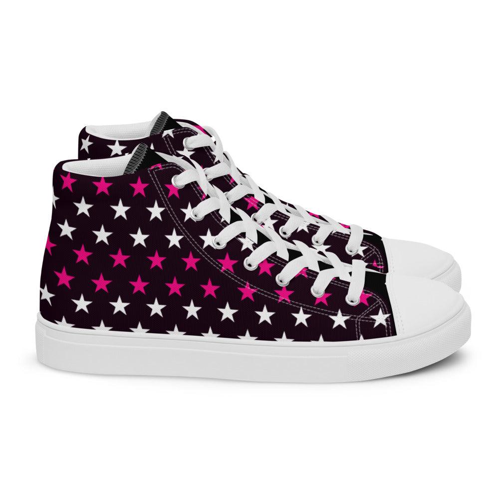 Pink and White Stars Men’s High Top Canvas Shoes - MessyBunFun - Your Destination for Stylish Unisex Clothing, Tops and bottoms - MessyBunFun.com