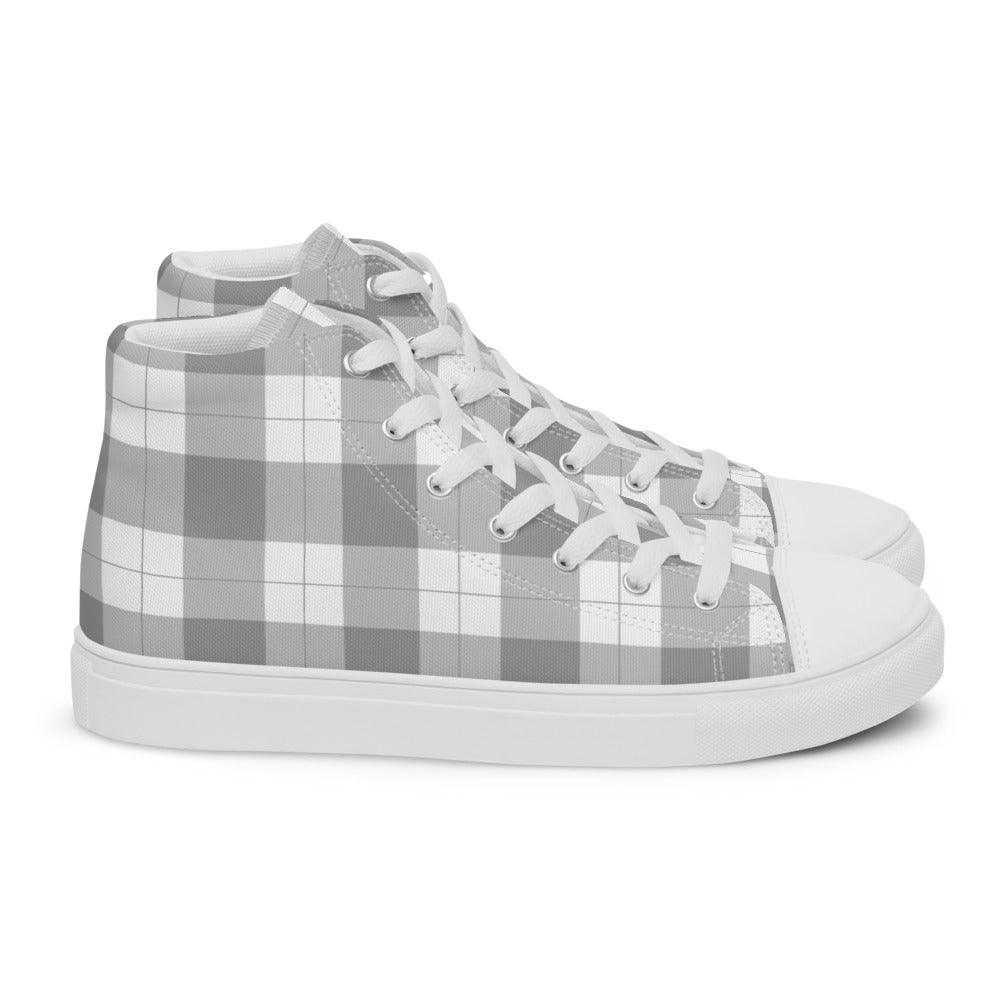 Gray Check Gingham Men’s High Top Canvas Shoes - MessyBunFun - Your Destination for Stylish Unisex Clothing, Tops and bottoms - MessyBunFun.com