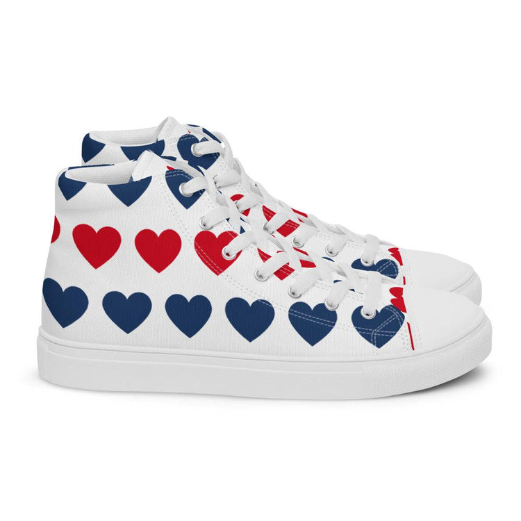 Blue and Red Hearts Men’s High Top Canvas Shoes - MessyBunFun - Your Destination for Stylish Unisex Clothing, Tops and bottoms - MessyBunFun.com