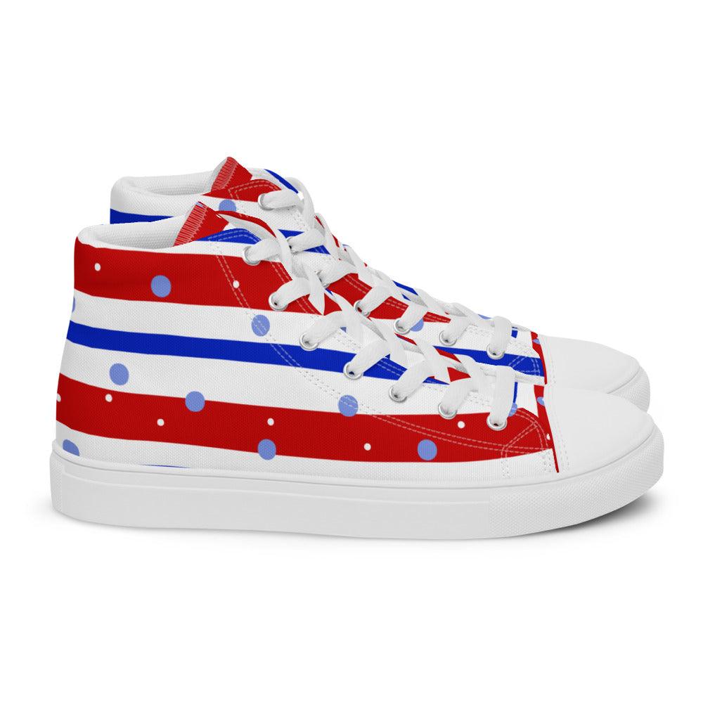 Red White Blue Stripes With Dots Men’s High Top Canvas Shoes - MessyBunFun - Your Destination for Stylish Unisex Clothing, Tops and bottoms - MessyBunFun.com