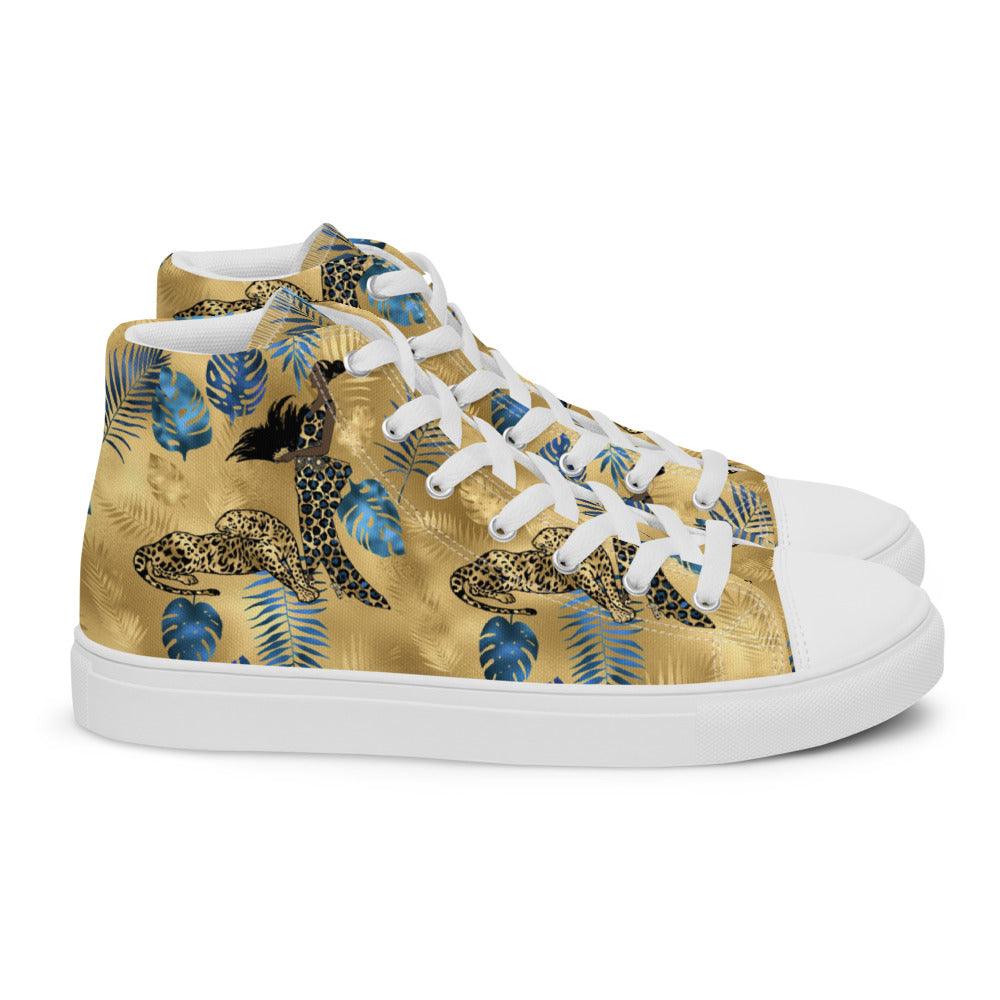 Tropical Gold and Blue Leaves Men’s High Top Canvas Shoes - MessyBunFun - Your Destination for Stylish Unisex Clothing, Tops and bottoms - MessyBunFun.com