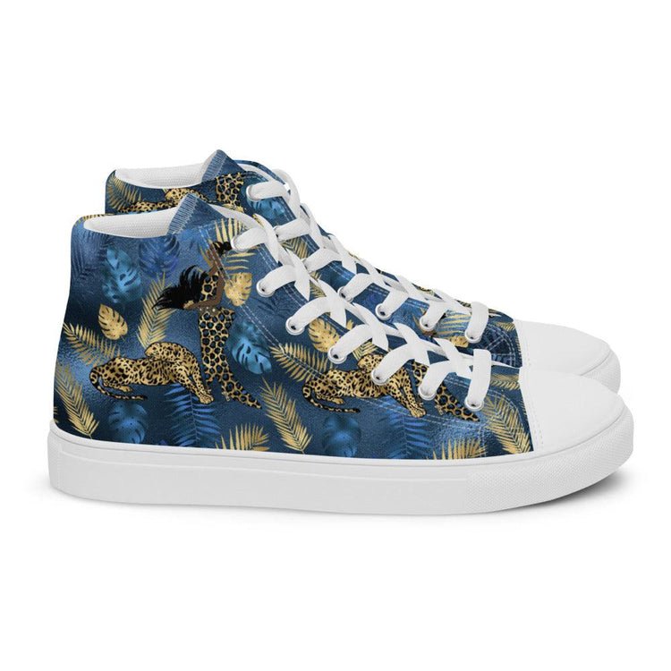 Tropical Blue and Gold Leaves Men’s High Top Canvas Shoes - MessyBunFun - Your Destination for Stylish Unisex Clothing, Tops and bottoms - MessyBunFun.com