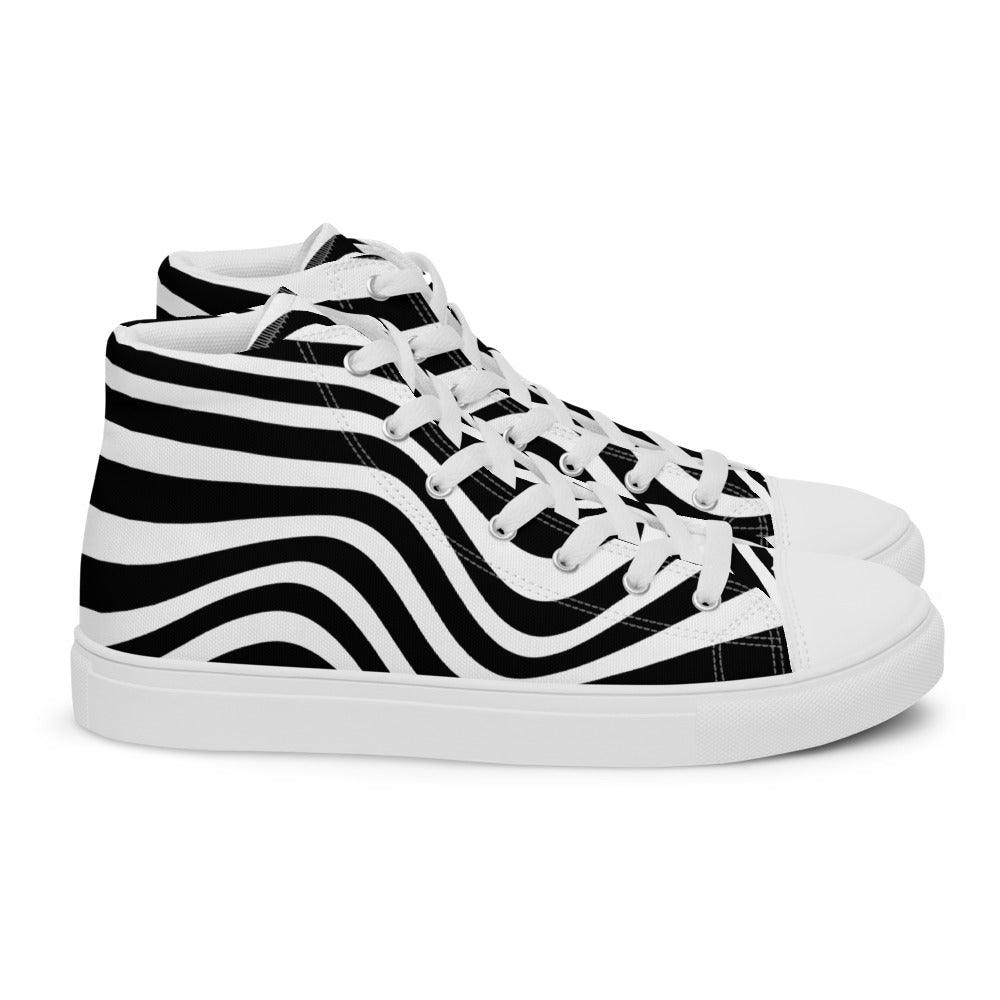 Black and White Wave Men’s High Top Canvas Shoes - MessyBunFun - Your Destination for Stylish Unisex Clothing, Tops and bottoms - MessyBunFun.com