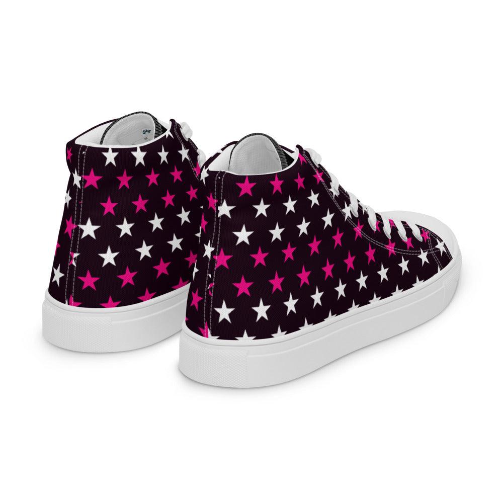 Pink and White Stars Men’s High Top Canvas Shoes - MessyBunFun - Your Destination for Stylish Unisex Clothing, Tops and bottoms - MessyBunFun.com