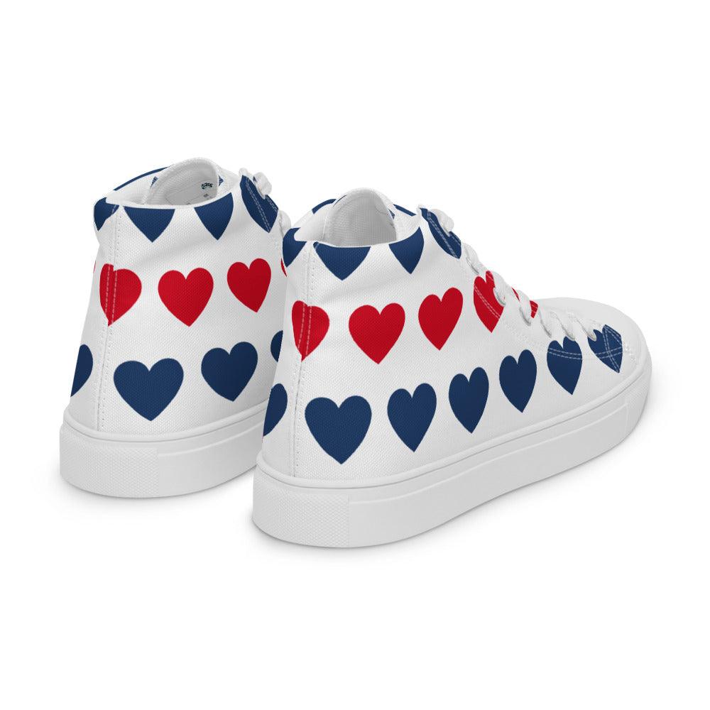 Blue and Red Hearts Men’s High Top Canvas Shoes - MessyBunFun - Your Destination for Stylish Unisex Clothing, Tops and bottoms - MessyBunFun.com