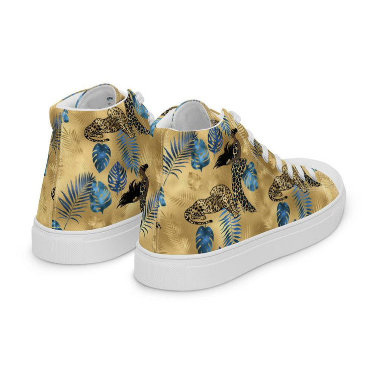 Tropical Gold and Blue Leaves Men’s High Top Canvas Shoes - MessyBunFun - Your Destination for Stylish Unisex Clothing, Tops and bottoms - MessyBunFun.com