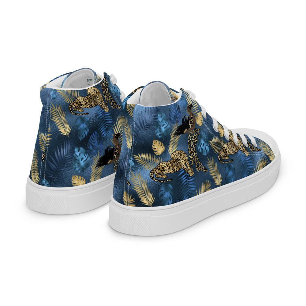 Tropical Blue and Gold Leaves Men’s High Top Canvas Shoes - MessyBunFun - Your Destination for Stylish Unisex Clothing, Tops and bottoms - MessyBunFun.com