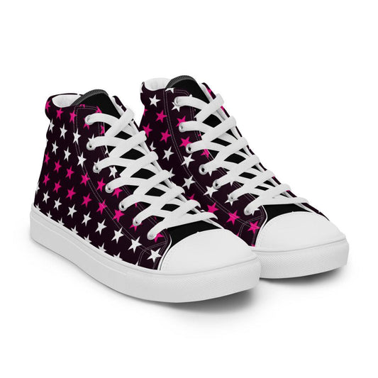 Pink and White Stars Men’s High Top Canvas Shoes - MessyBunFun - Your Destination for Stylish Unisex Clothing, Tops and bottoms - MessyBunFun.com