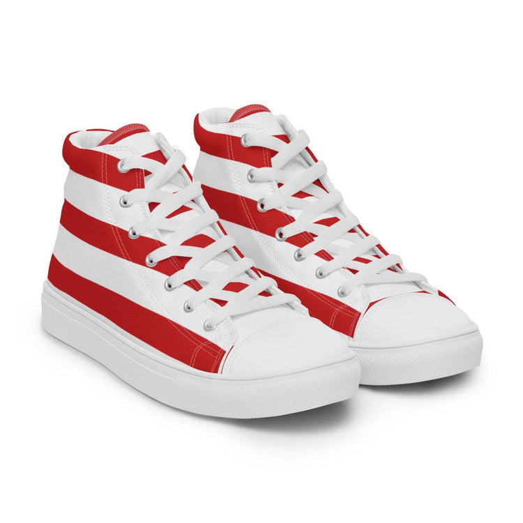 Red and White Stripes Men’s High Top Canvas Shoes - MessyBunFun - Your Destination for Stylish Unisex Clothing, Tops and bottoms - MessyBunFun.com