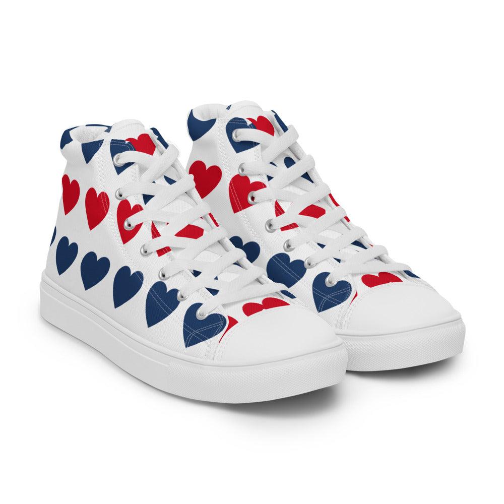 Blue and Red Hearts Men’s High Top Canvas Shoes - MessyBunFun - Your Destination for Stylish Unisex Clothing, Tops and bottoms - MessyBunFun.com