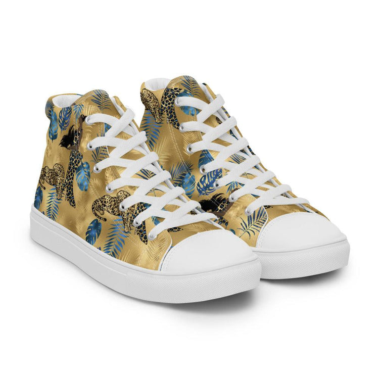 Tropical Gold and Blue Leaves Men’s High Top Canvas Shoes - MessyBunFun - Your Destination for Stylish Unisex Clothing, Tops and bottoms - MessyBunFun.com