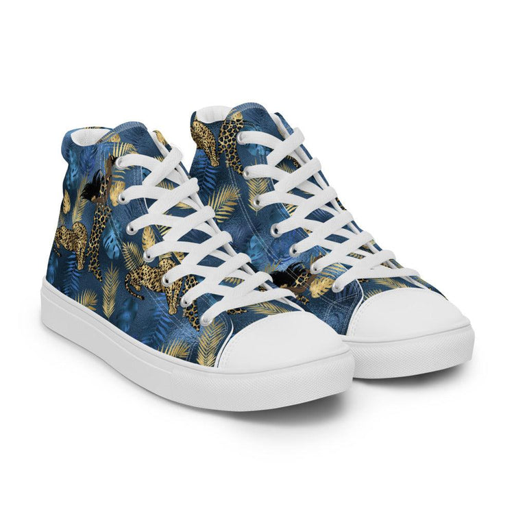 Tropical Blue and Gold Leaves Men’s High Top Canvas Shoes - MessyBunFun - Your Destination for Stylish Unisex Clothing, Tops and bottoms - MessyBunFun.com