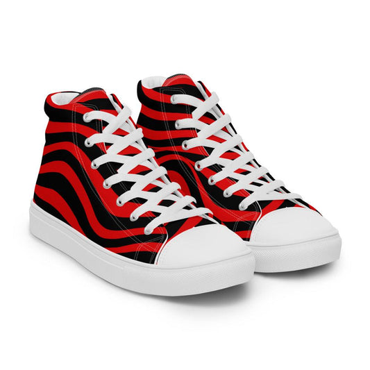 Red and Black Stripes Men’s High Top Canvas Shoes - MessyBunFun - Your Destination for Stylish Unisex Clothing, Tops and bottoms - MessyBunFun.com