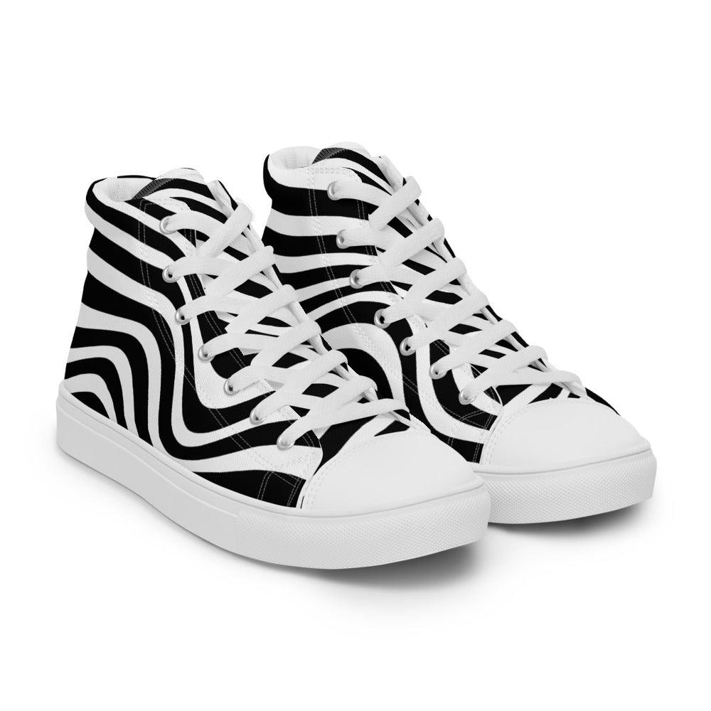 Black and White Wave Men’s High Top Canvas Shoes - MessyBunFun - Your Destination for Stylish Unisex Clothing, Tops and bottoms - MessyBunFun.com