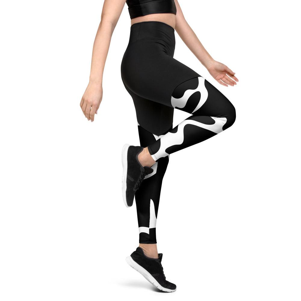 Black and White Cow Skin High Waisted Sports Leggings