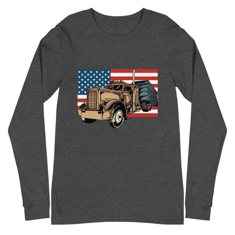 Semi Truck on American Flag Unisex Long Sleeve T-Shirt