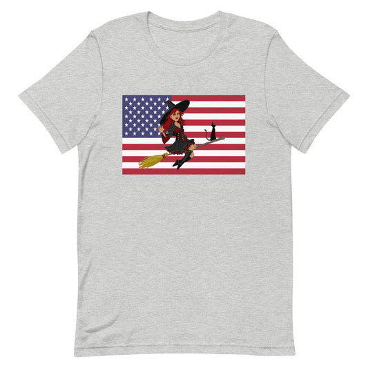 Flying Witch on Broom on American Flag Short-Sleeve Unisex T-Shirt