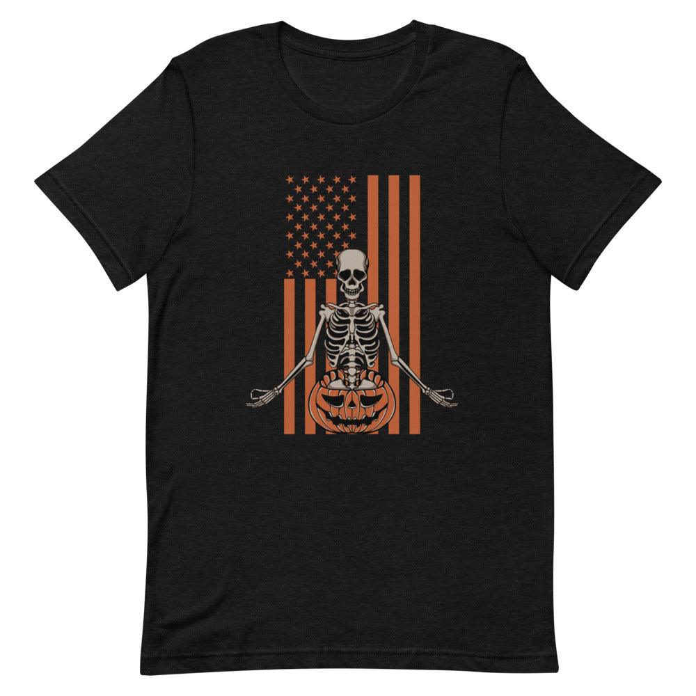 Orange Skeleton with Pumpkin on Flag Short-Sleeve Unisex T-Shirt