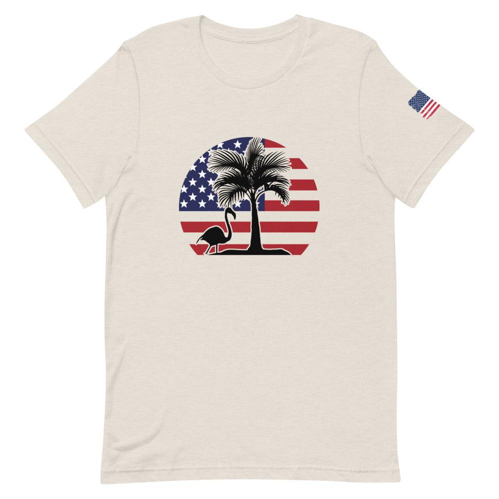 Flamingo Palm Tree American Flag Circle Short-Sleeve Unisex T-Shirt
