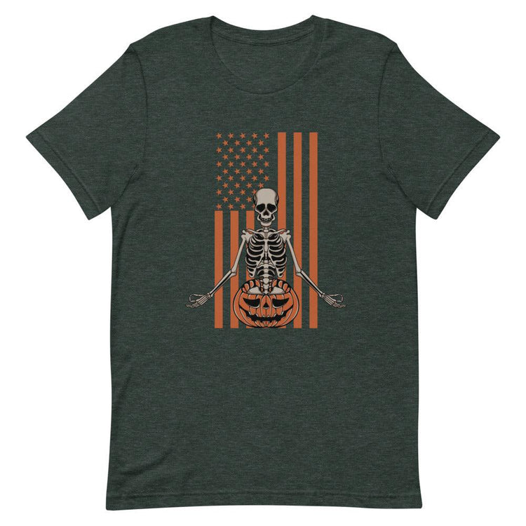 Orange Skeleton with Pumpkin on Flag Short-Sleeve Unisex T-Shirt