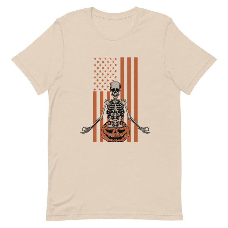 Orange Skeleton with Pumpkin on Flag Short-Sleeve Unisex T-Shirt