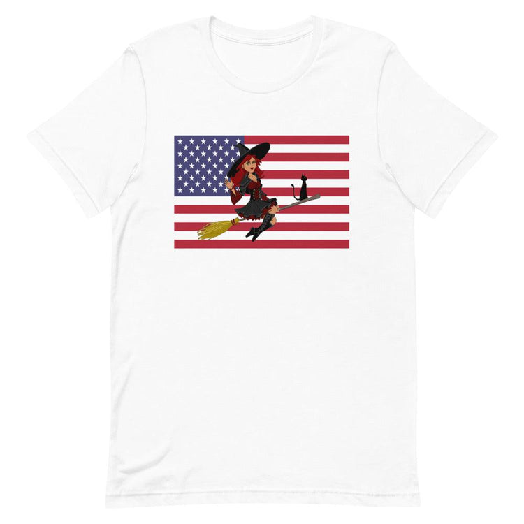 Flying Witch on Broom on American Flag Short-Sleeve Unisex T-Shirt