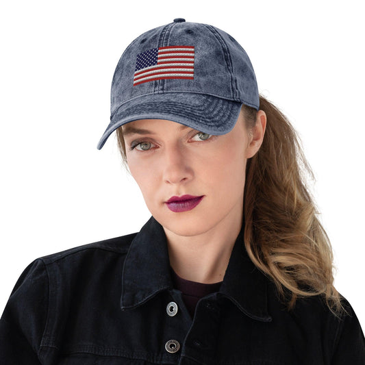 Embroidered American Flag Vintage Grunge Cotton Twill Hat