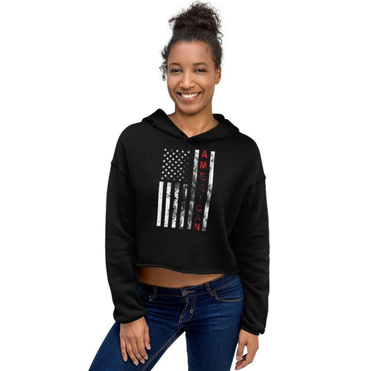 Red American with Black and White Flag Crop Hoodie