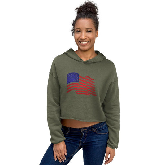 Waving American Flag Crop Hoodie - MessyBunFun - Your Destination for Stylish Unisex Clothing, Tops and bottoms - MessyBunFun.com