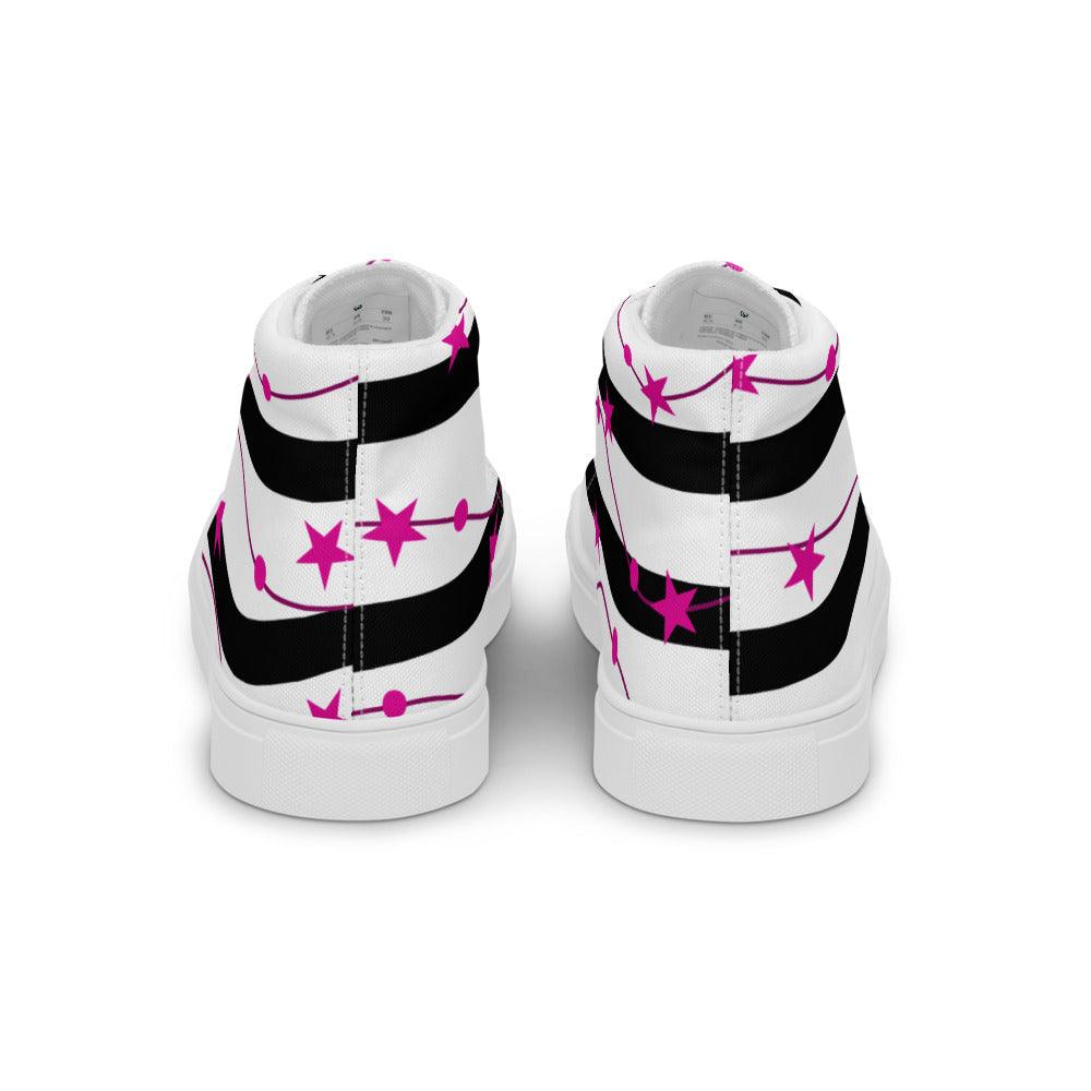 Pink Stars and Black Stripes Women’s High Top Canvas Shoes - MessyBunFun - Your Destination for Stylish Unisex Clothing, Tops and bottoms - MessyBunFun.com