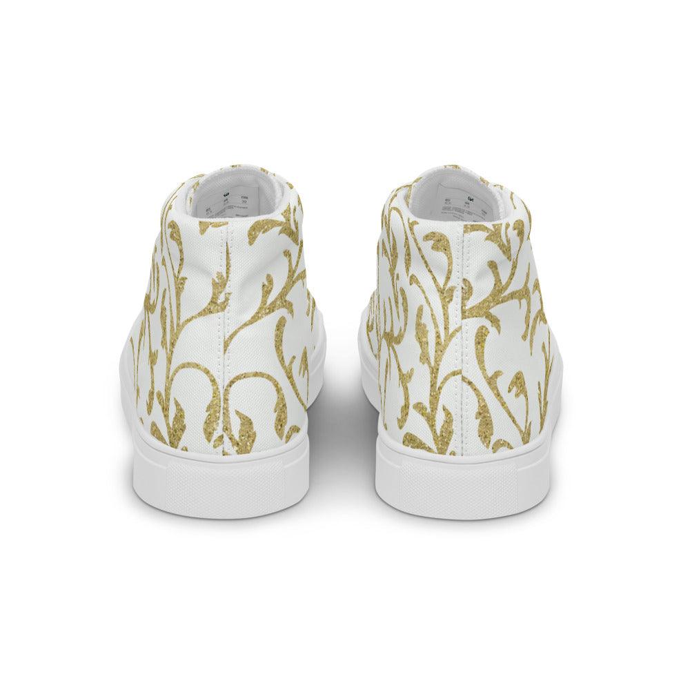 White and Gold Fleur-De-Lis Women’s High Top Canvas Shoes - MessyBunFun - Your Destination for Stylish Unisex Clothing, Tops and bottoms - MessyBunFun.com